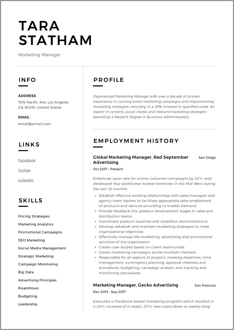 Marketing Manager Resume Examples 2019