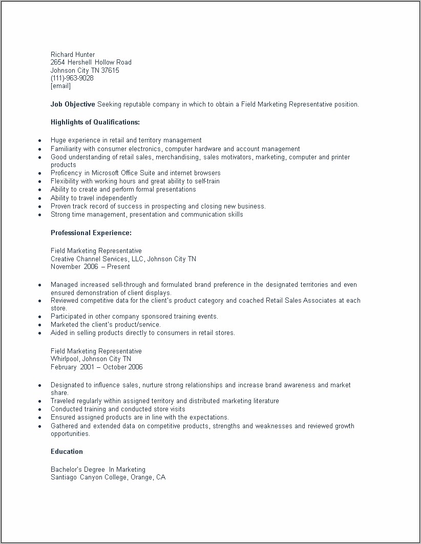 Marketing Representative Job Description Resume
