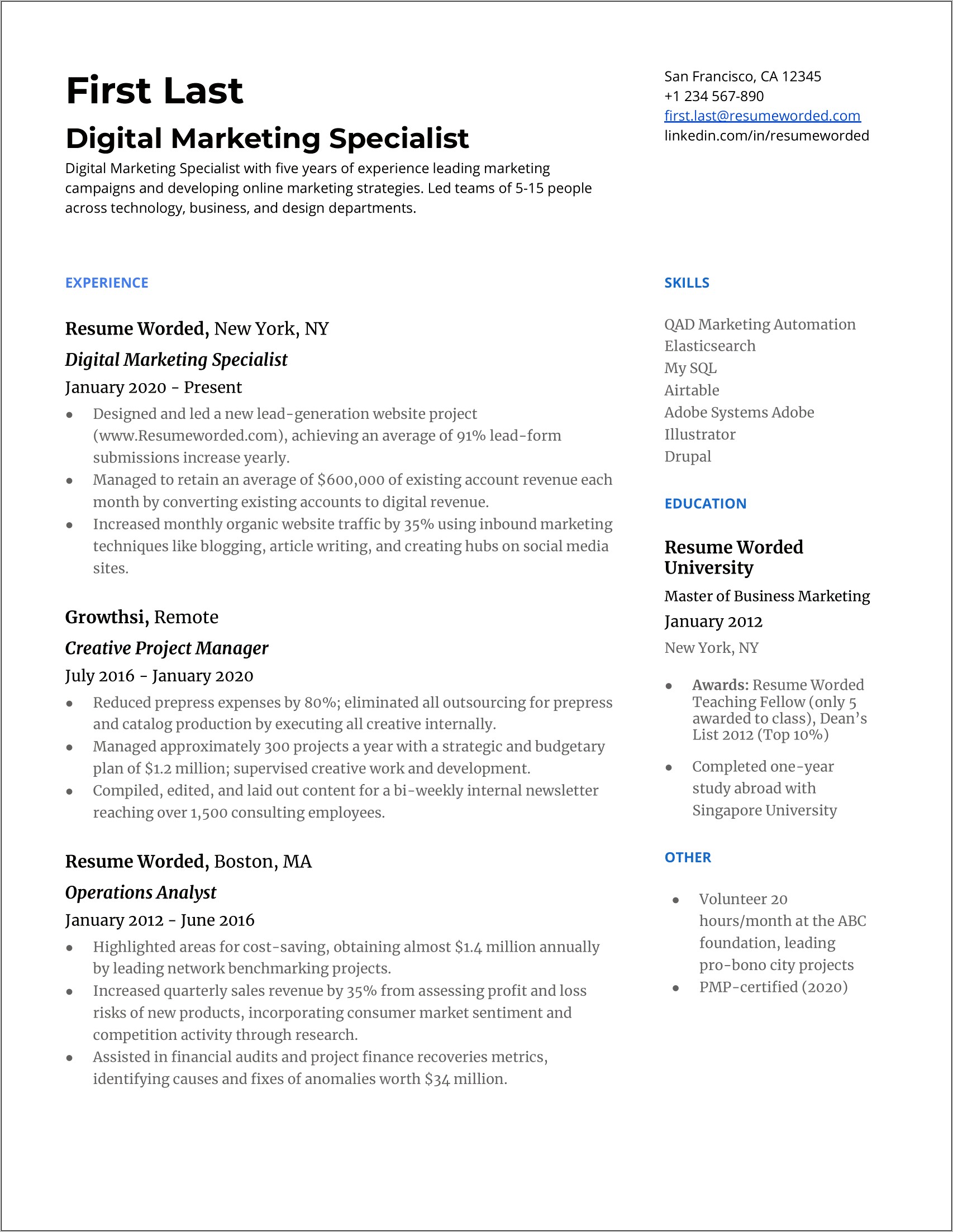 Marketing Resume Bullet Point Examples