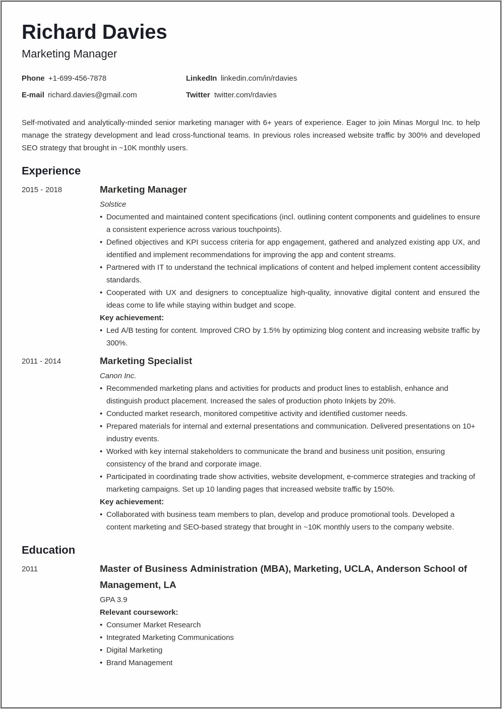 Marketing Resume Entry Level Examples