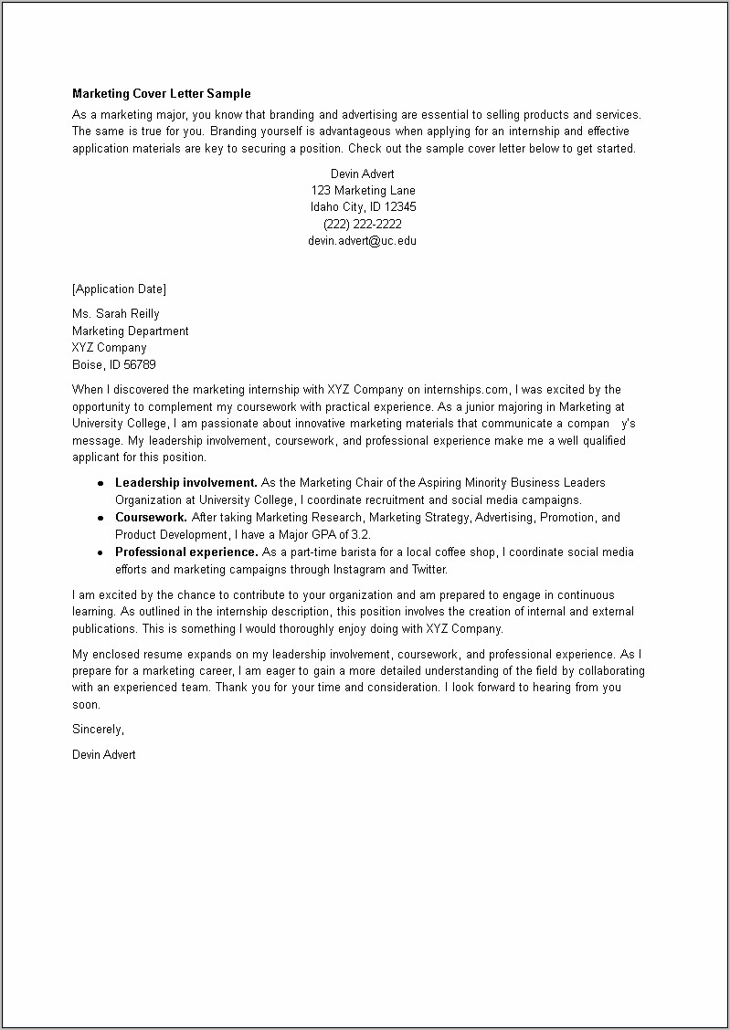 Marketing Resume Intern Letter Sample