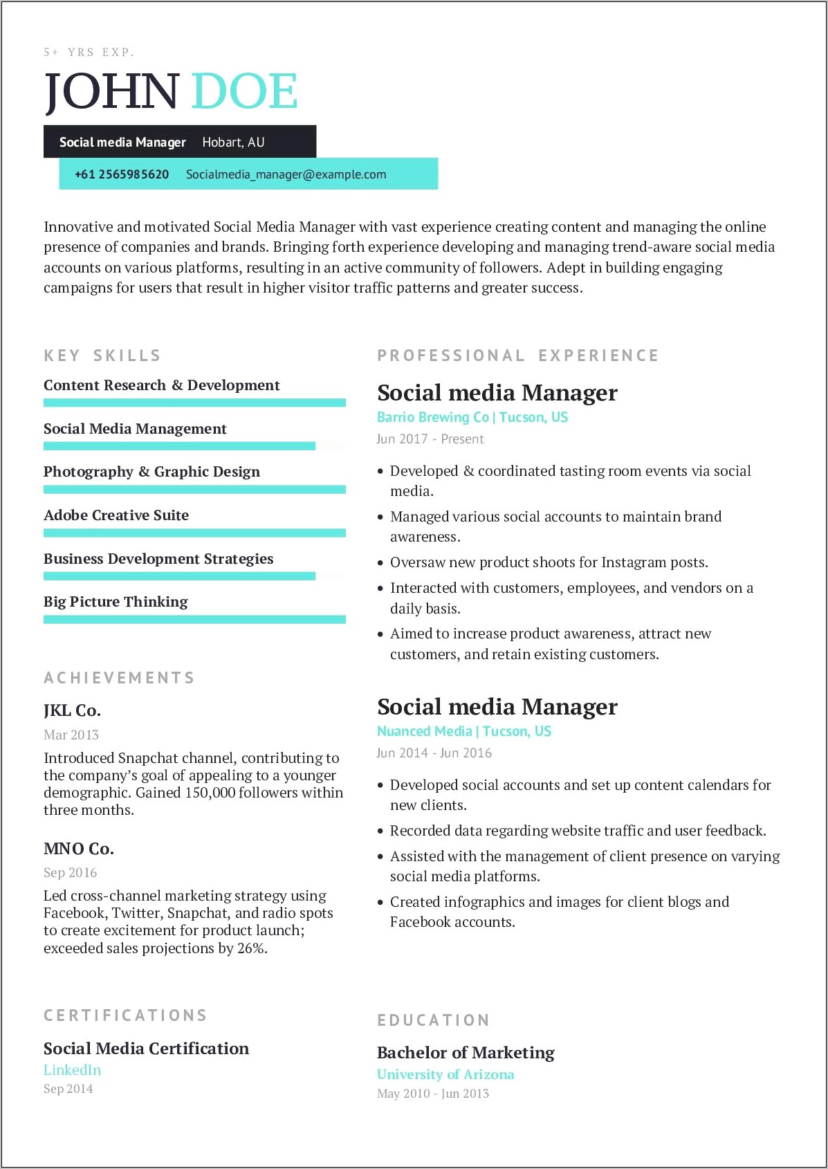 Marketing Social Media Resume Sample