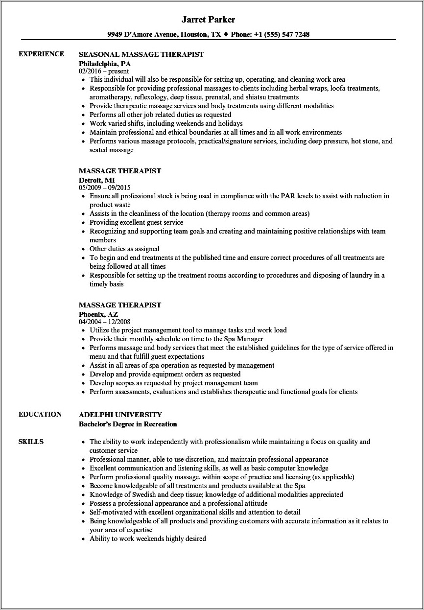 Massage Therapist Resume Sample Australia