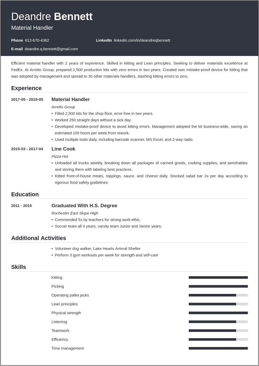 Material Handler Resume Job Hero