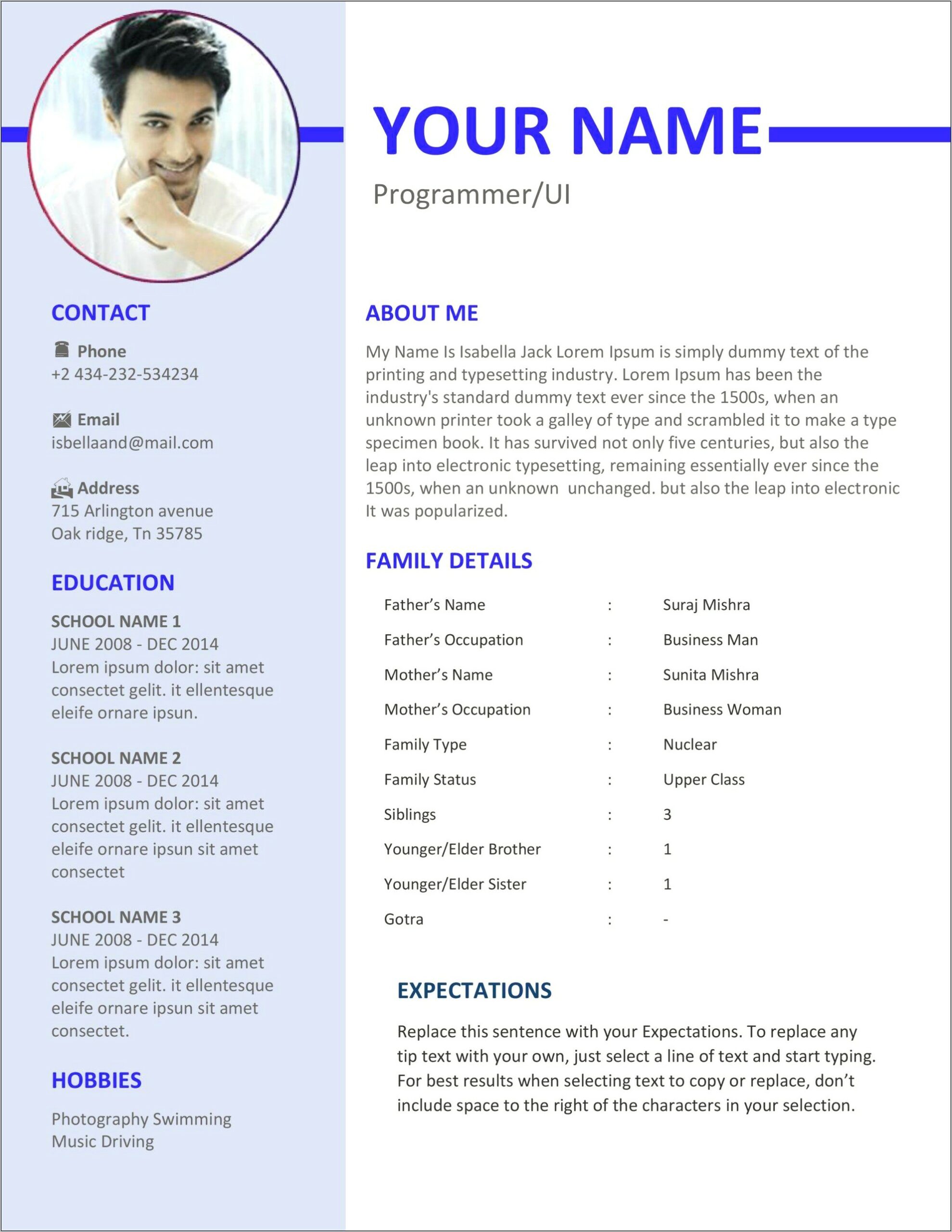 Matrimonial Resume Sample For Female