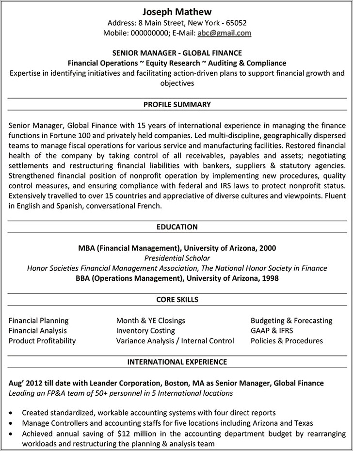 Mba Application Resume Sample India