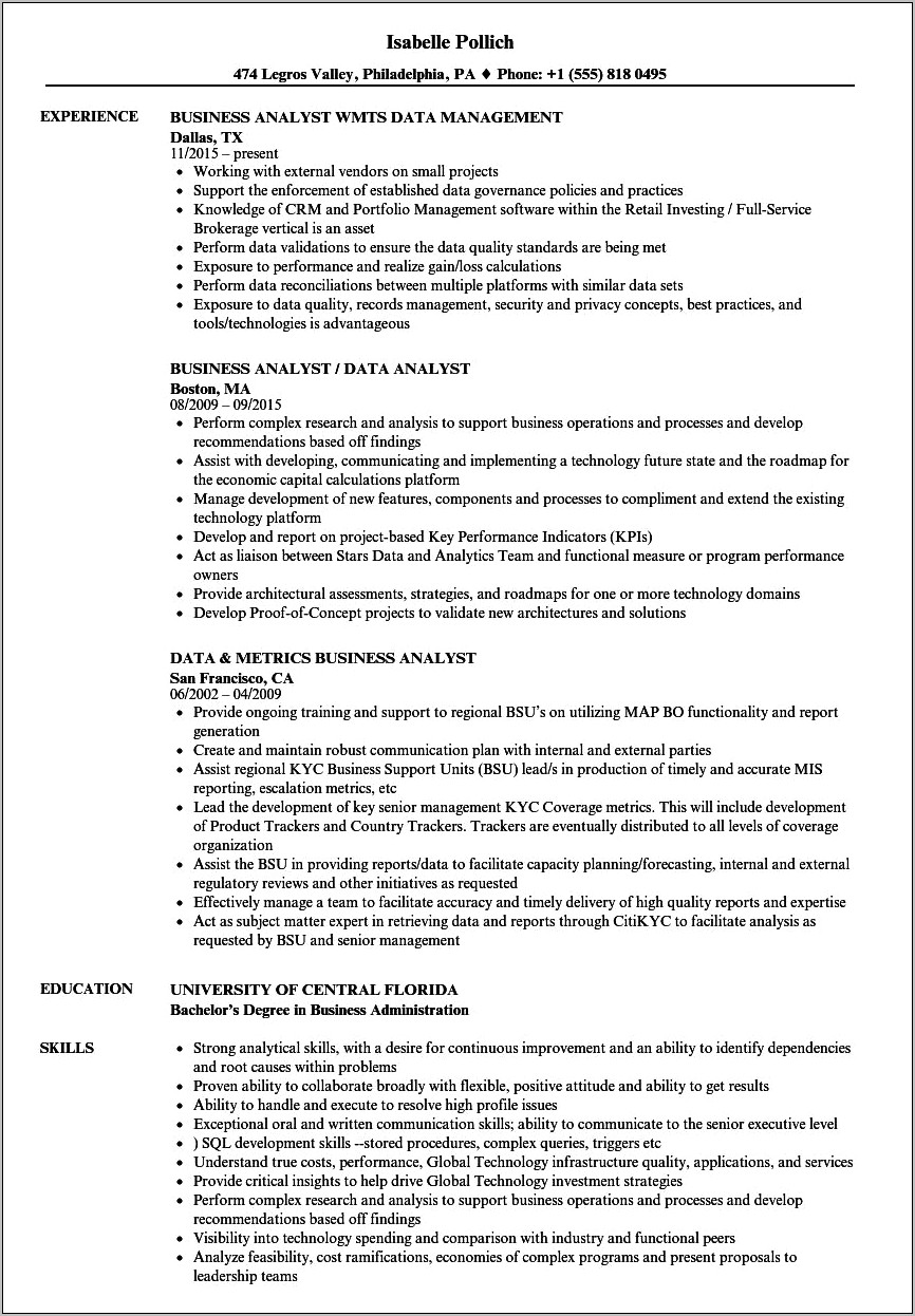 Mba Business Analyst Resume Sample