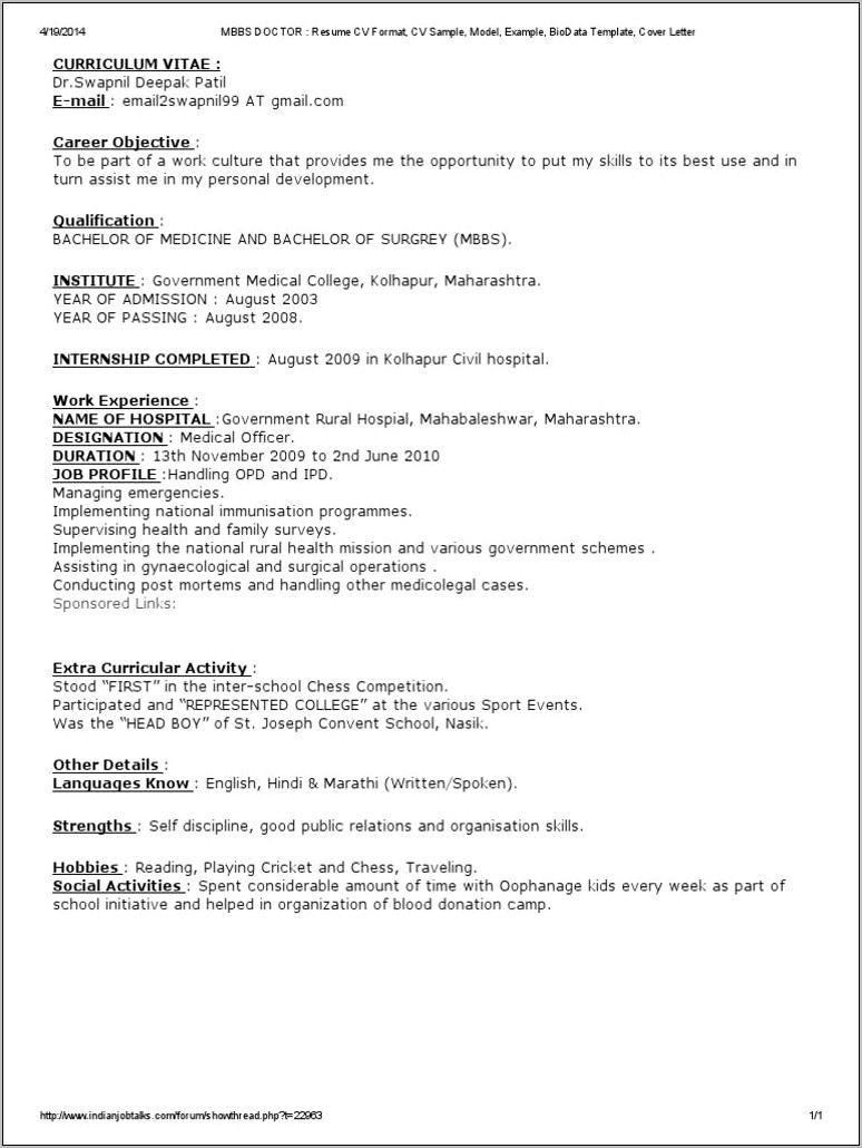 Mbbs Doctor Resume Sample Pdf