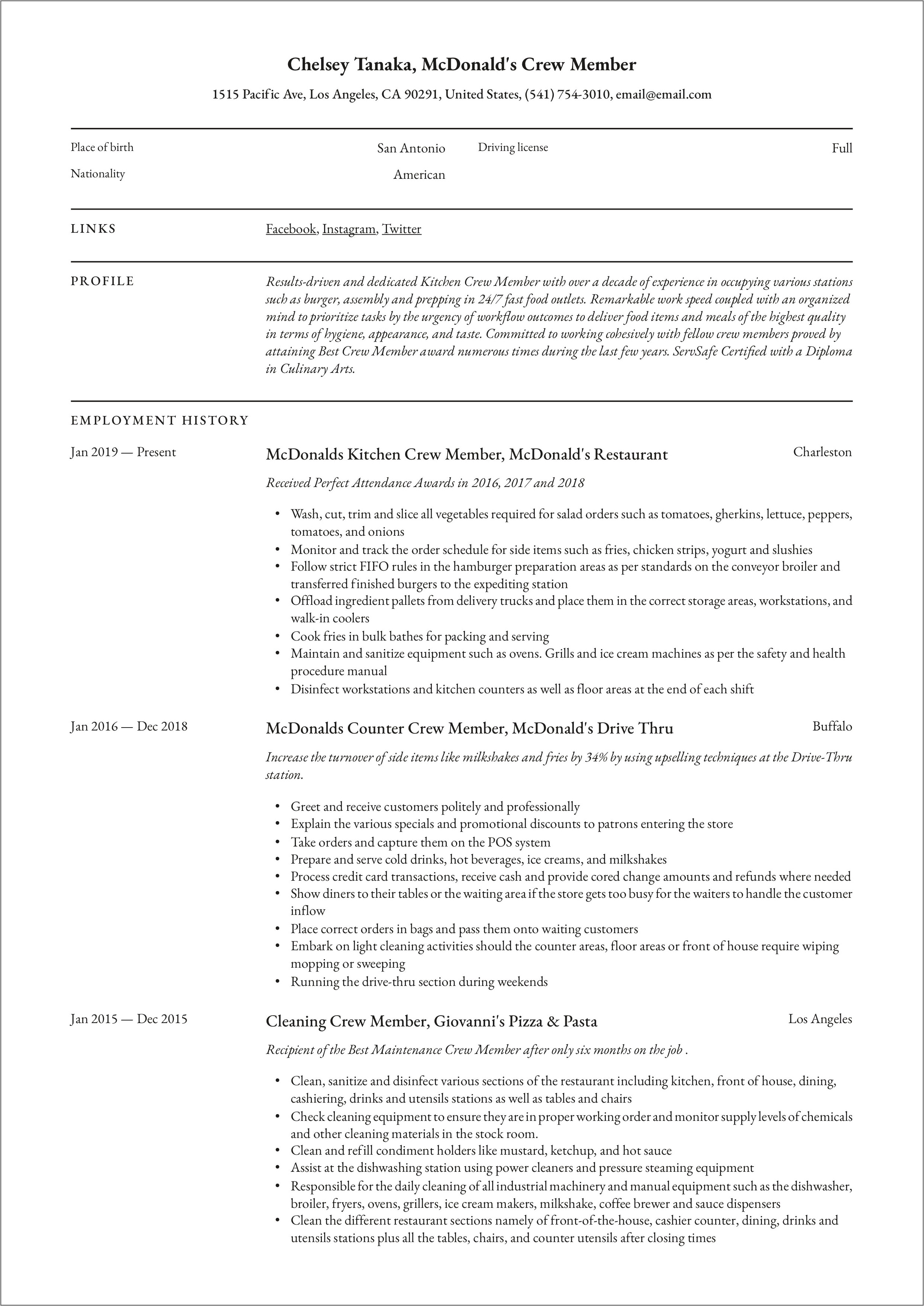 Mcdonalds Crew Member Resume Example