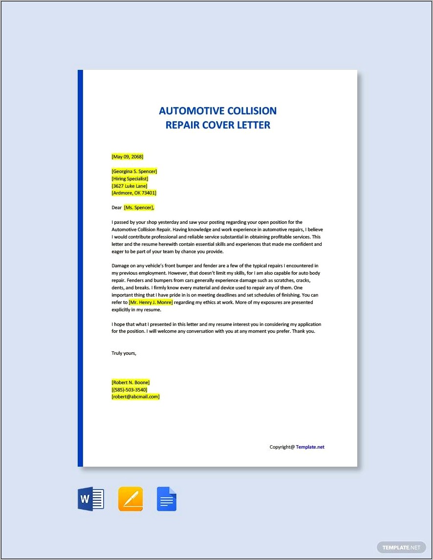 Mechanic Cover Letter Template Free Download