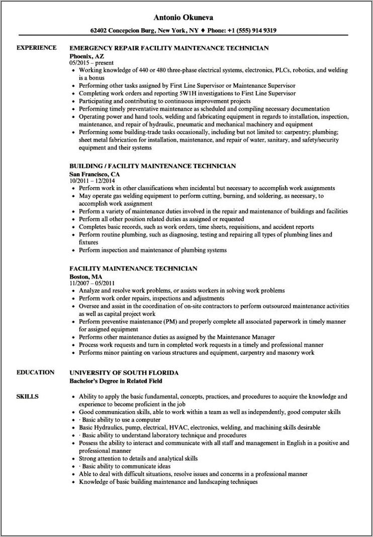 Mechanic Technician Job Description Resume