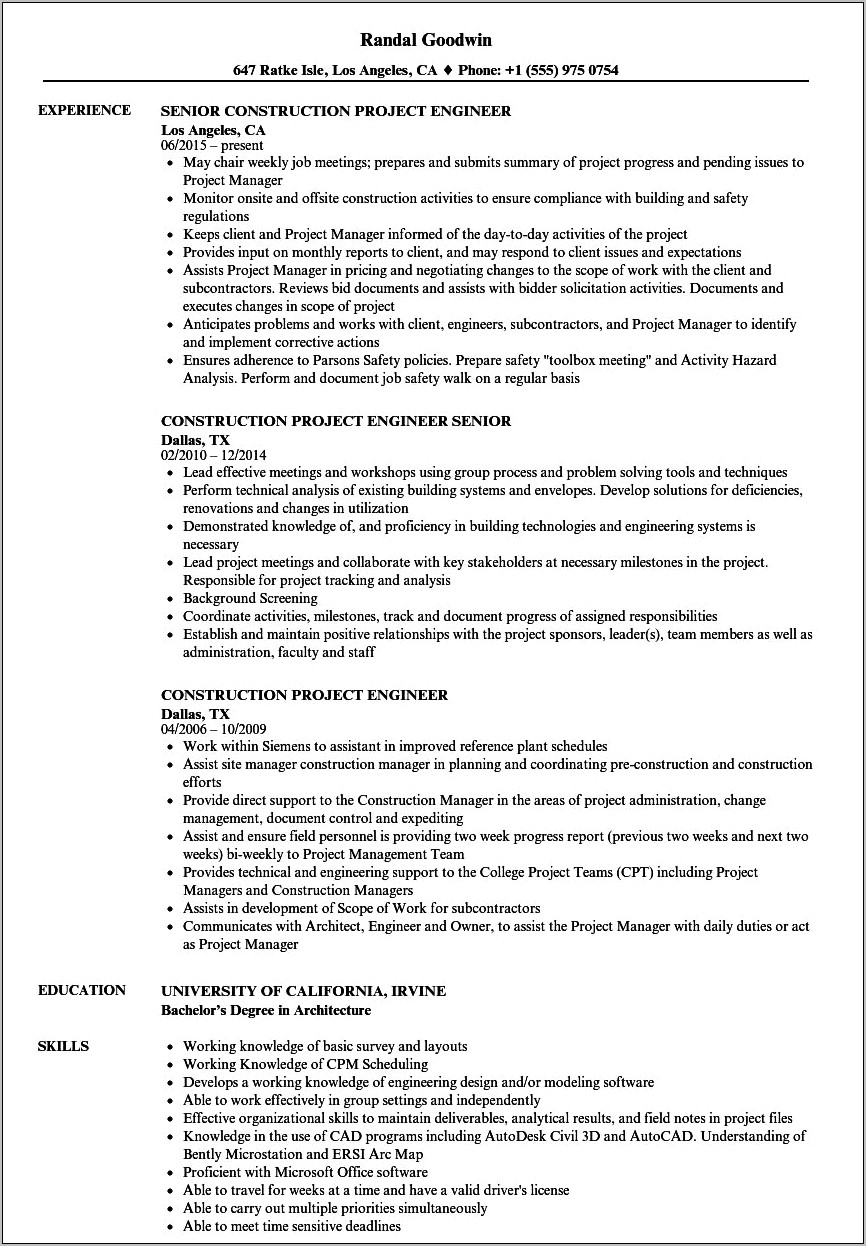 Mechanical Construction Engineer Resume Sample