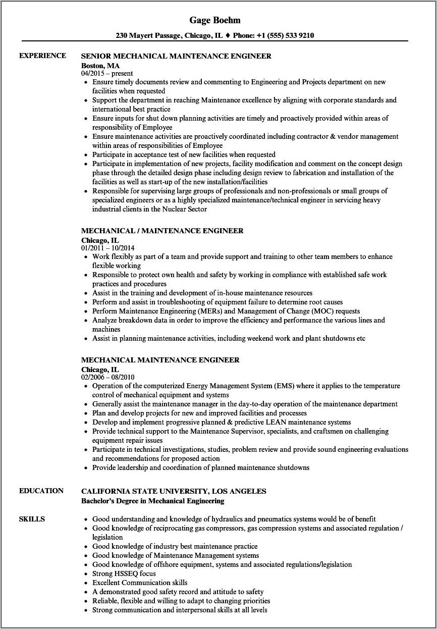 Mechanical Engineer Resume Sample Pdf