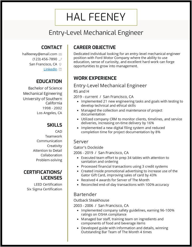 Mechanical Engineering Professional Resume Sample