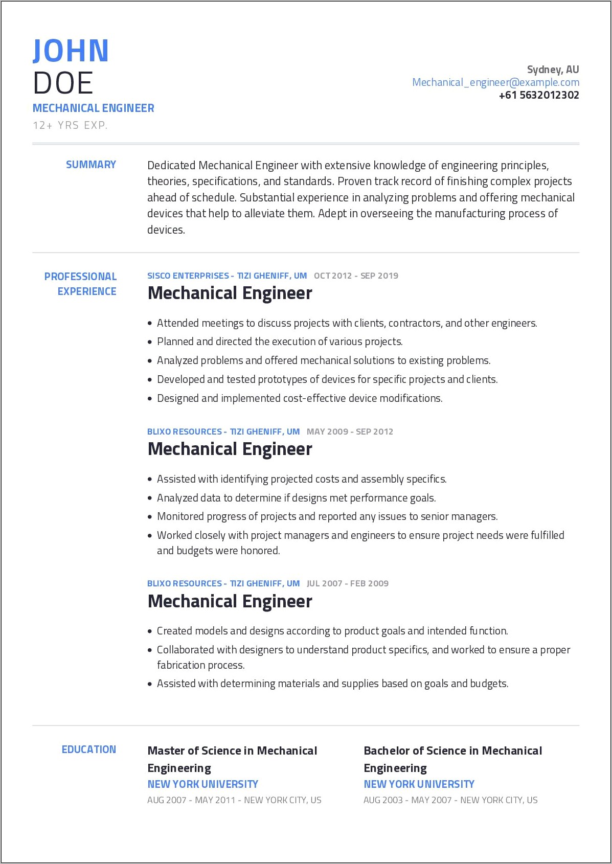 Mechanical Engineering Project Manager Resume