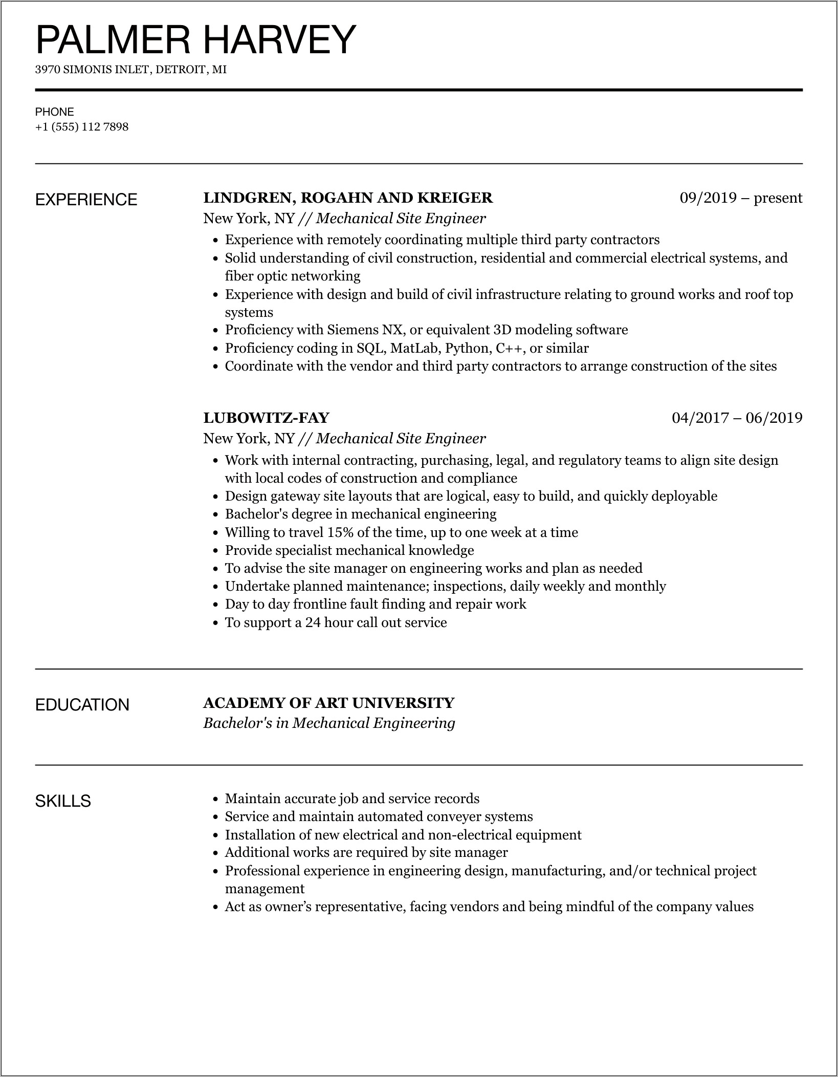 Mechanical Engineering Resume Samples Pdf