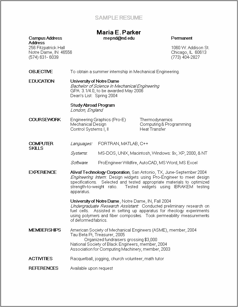 Mechanical Engineering Student Resume Example