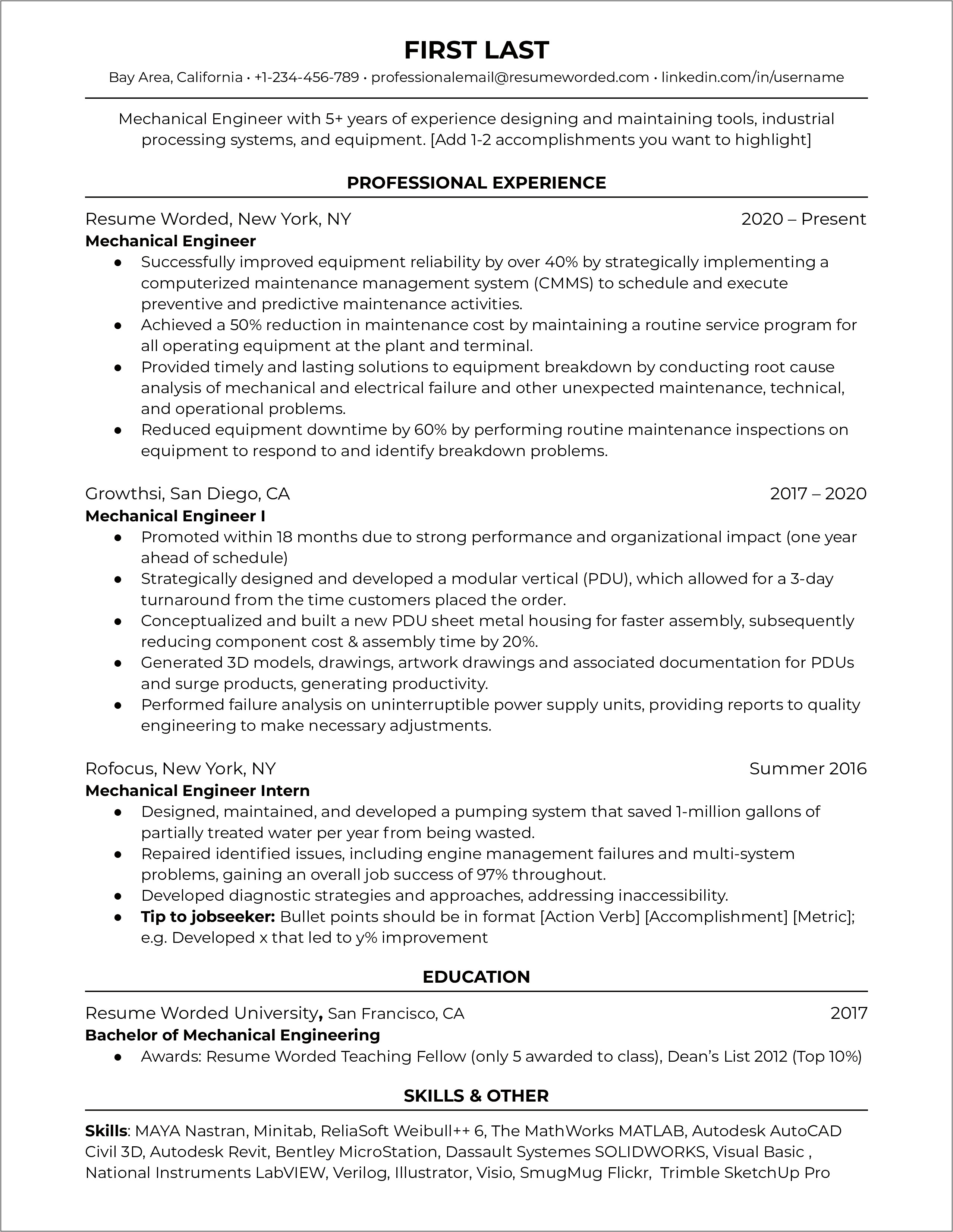 Mechanical Engineering Supervisor Skills Resume