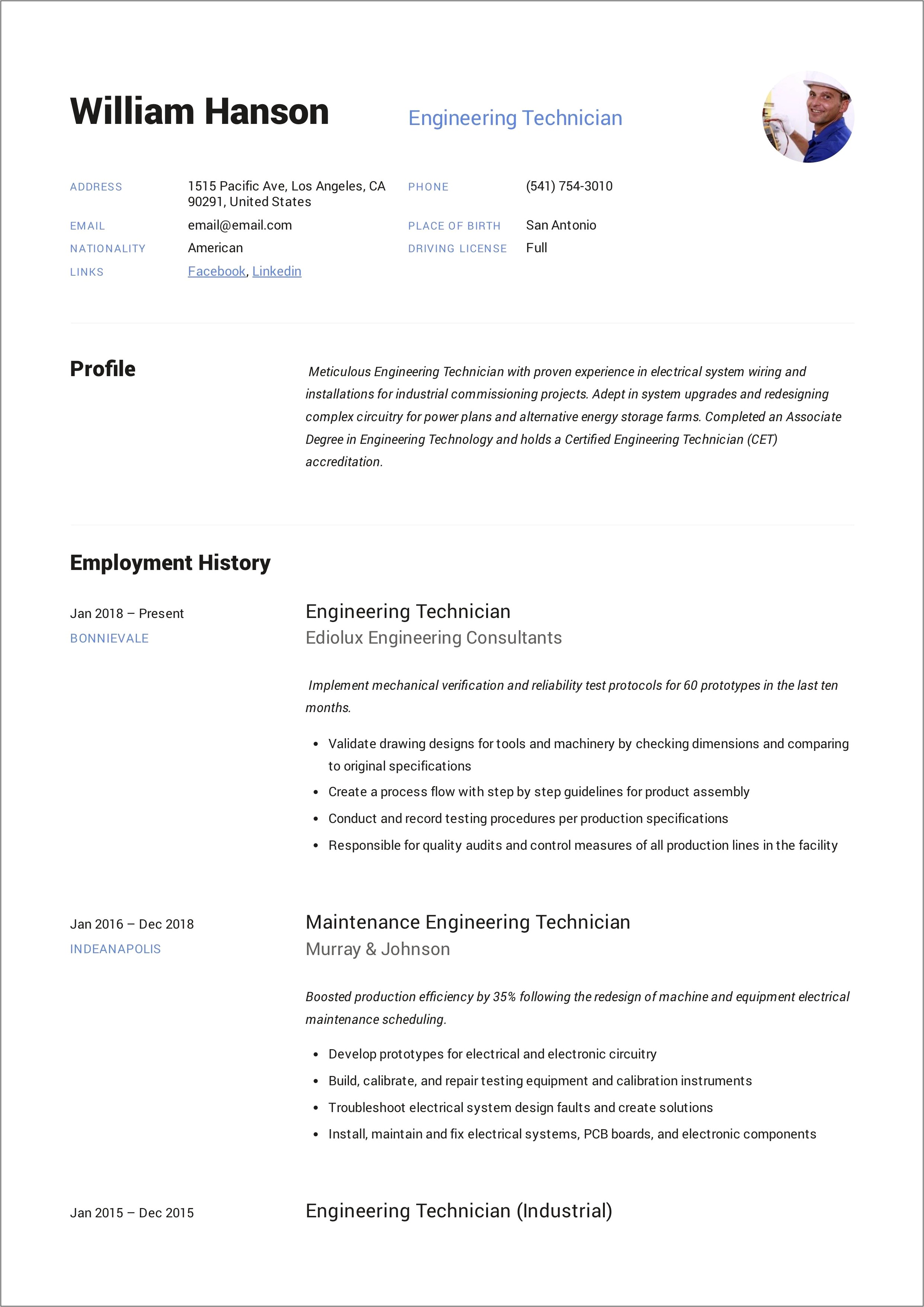 Mechanical Engineering Technician Resume Sample