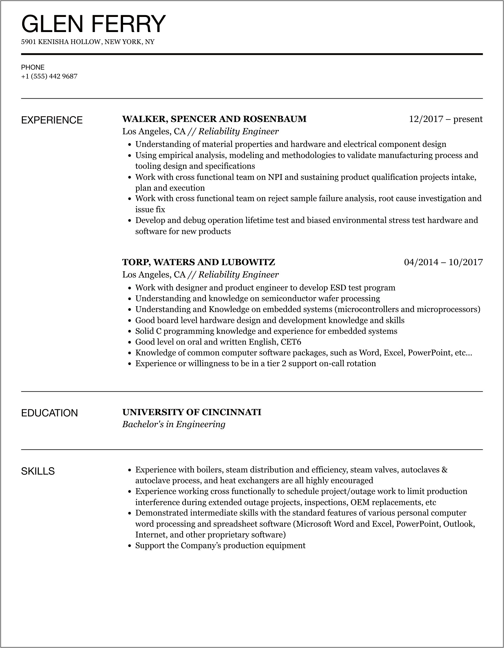 Mechanical Reliability Engineer Sample Resume