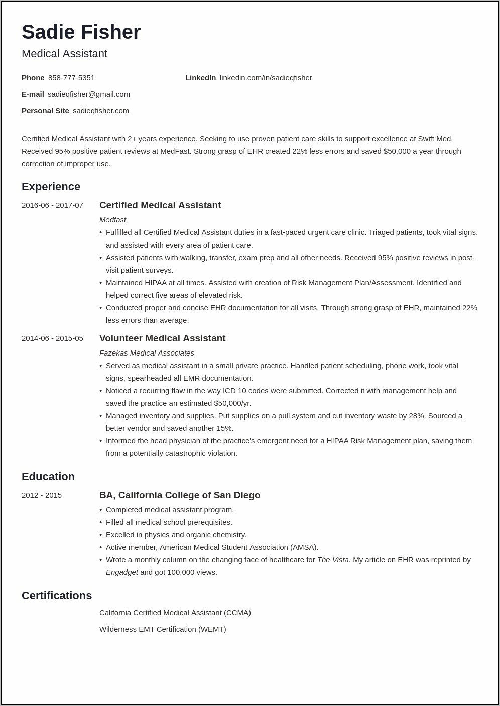 Medical Assistant Dermatology Resume Sample