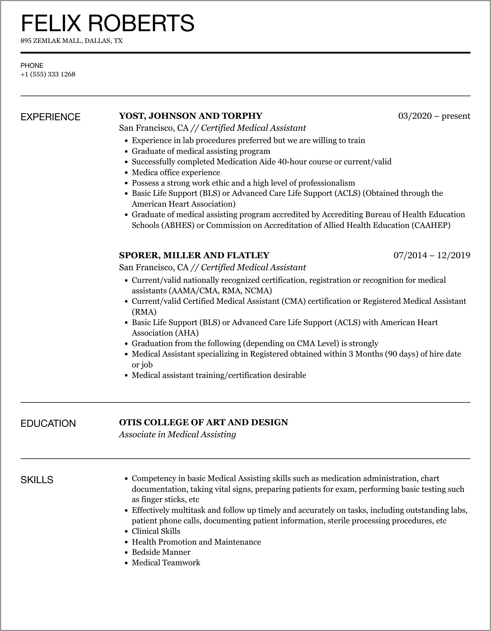 Medical Assistant Job Resume Description