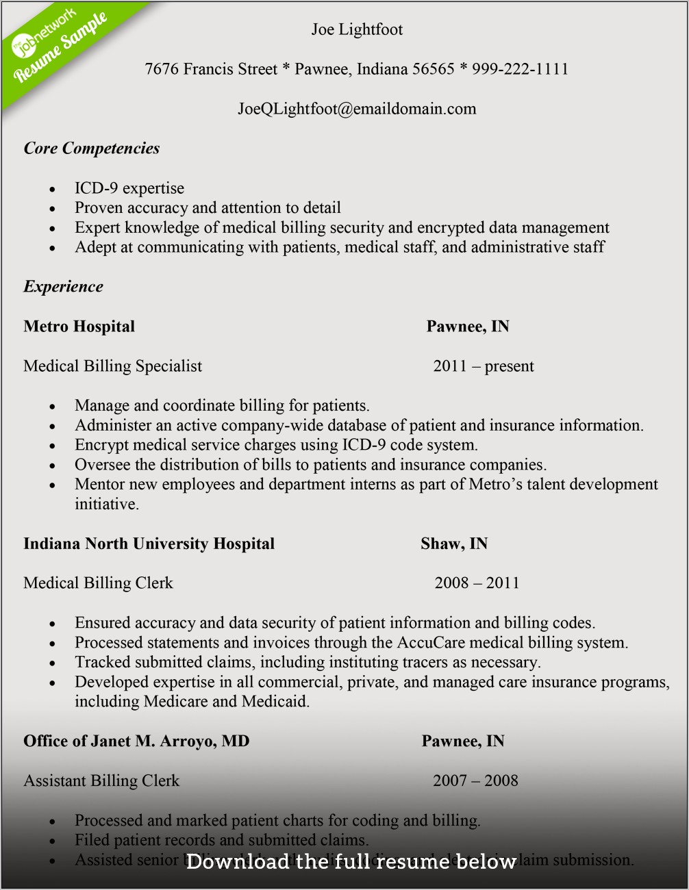 Medical Billing Coding Resume Sample