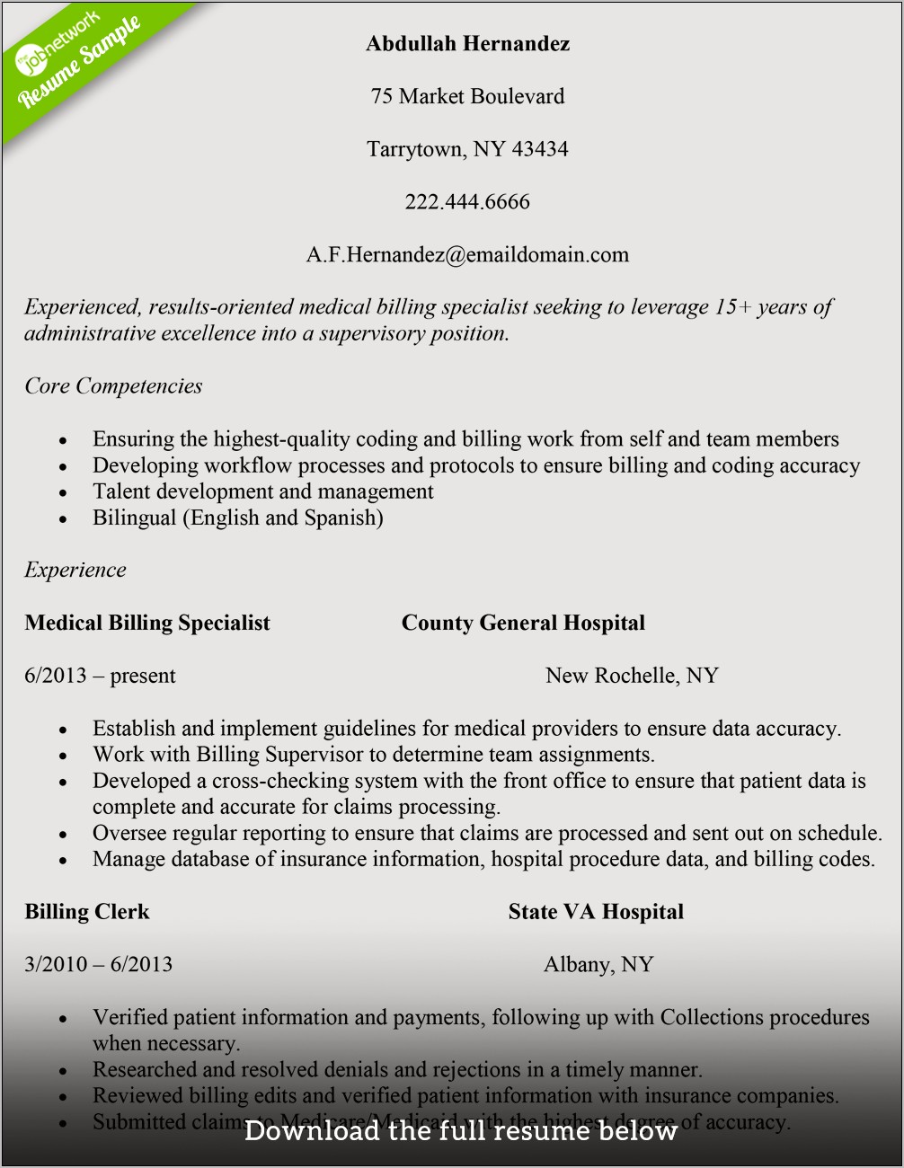 Medical Billing Job Resume Sample