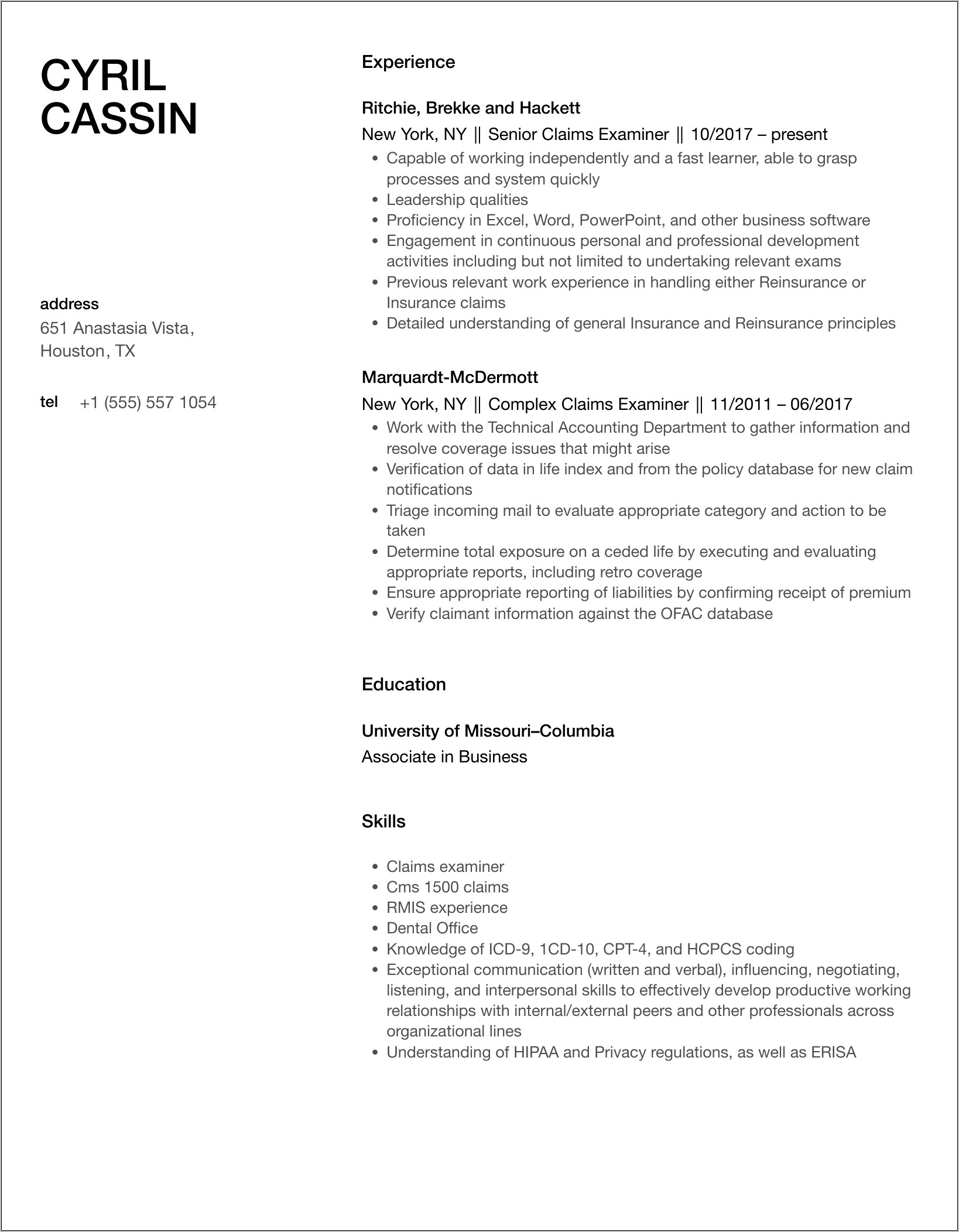 Medical Claims Examiner Resume Examples