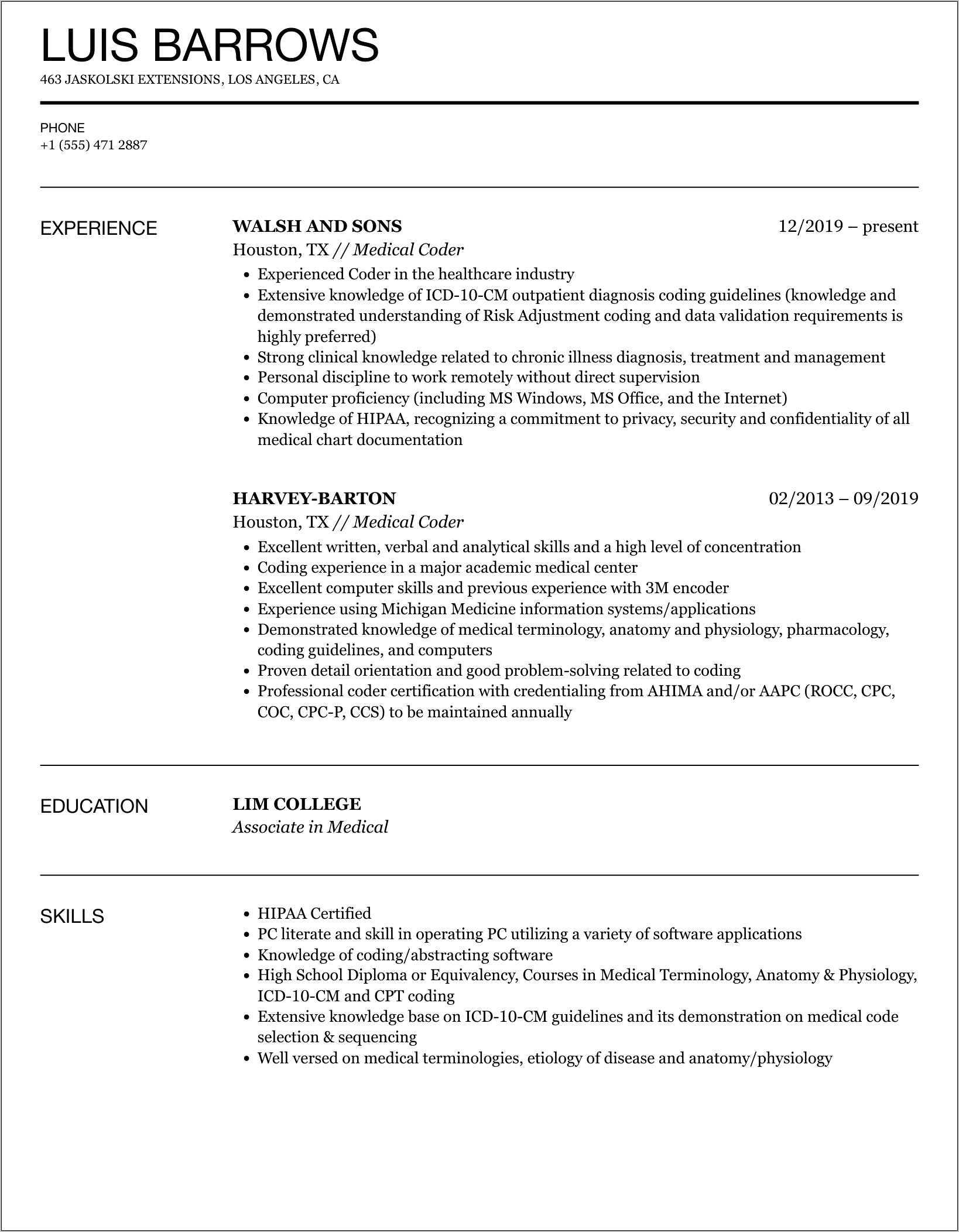 Medical Coder Resume Summary Examples