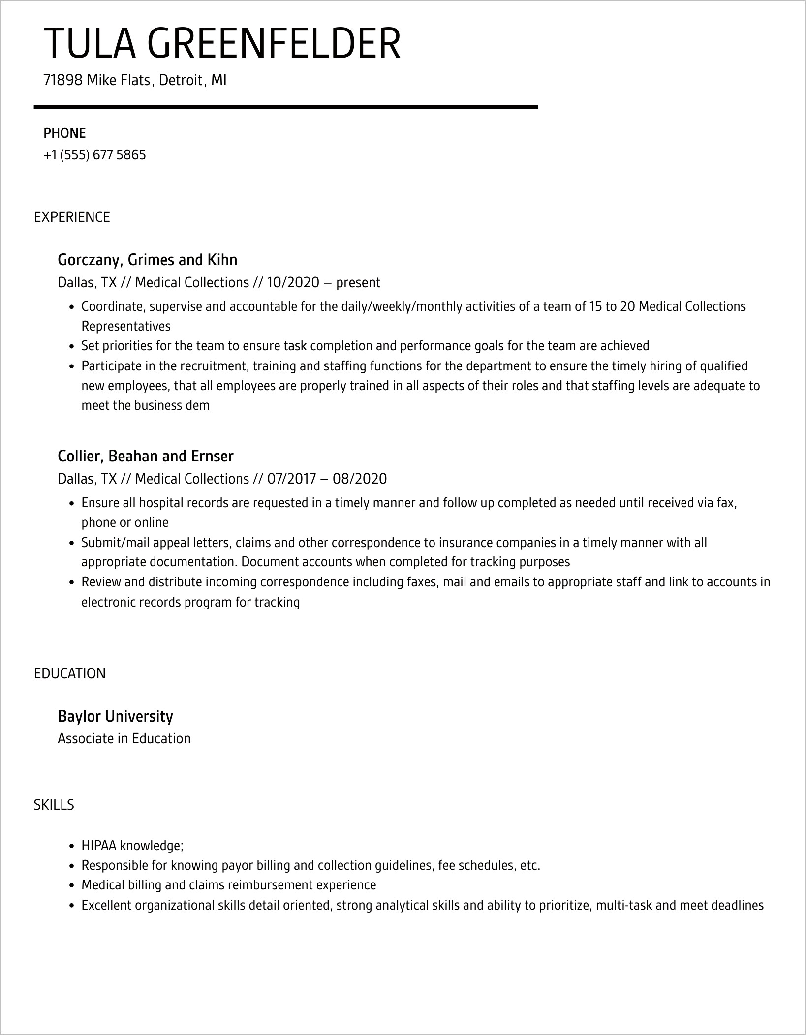 Medical Collections Specialist Sample Resume