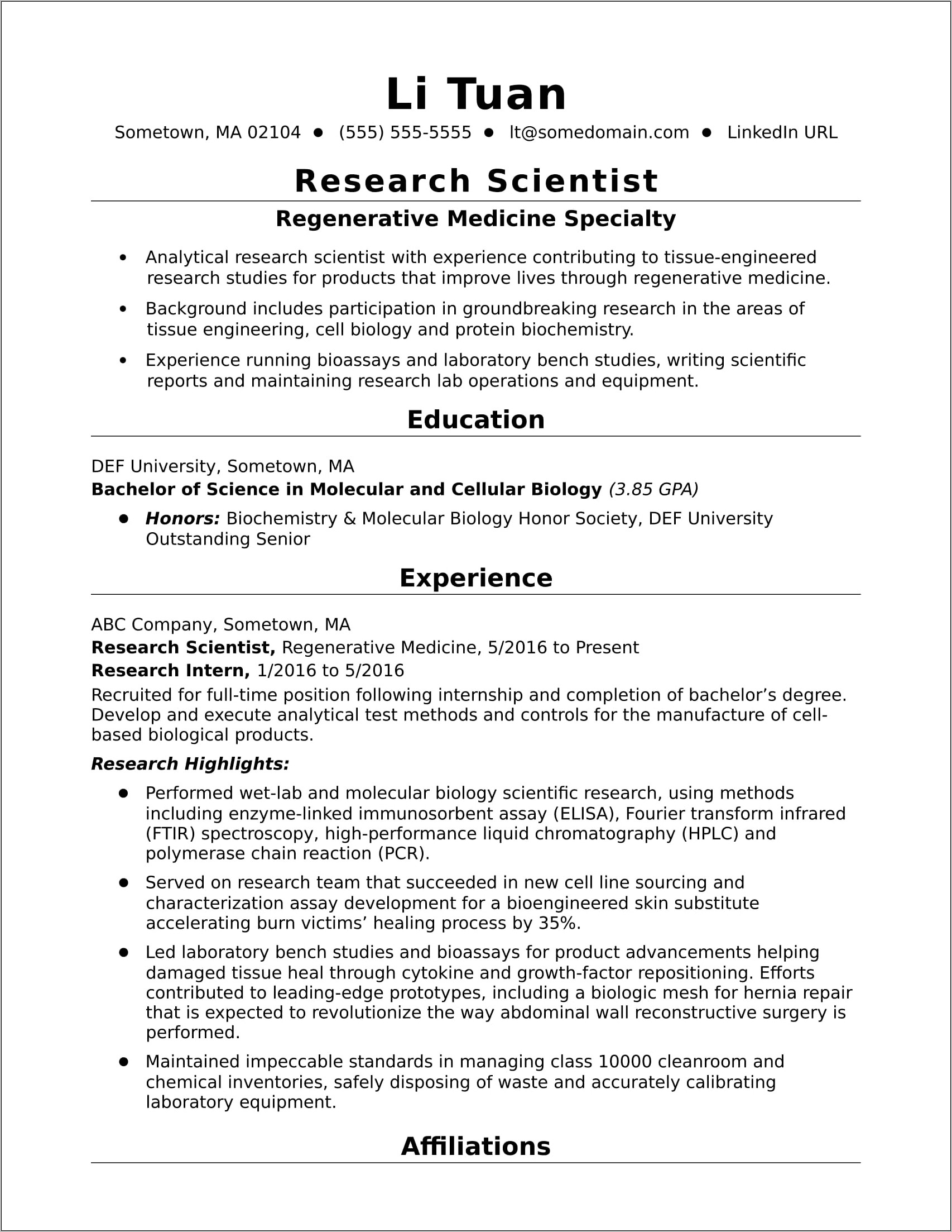 Medical Laboratory Scientist Resume Example