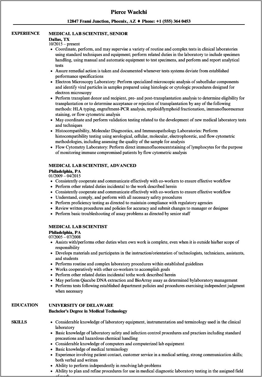 Medical Laboratory Scientist Resume Objective