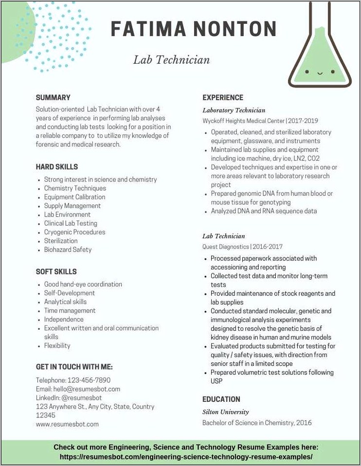 Medical Laboratory Technologist Resume Sample