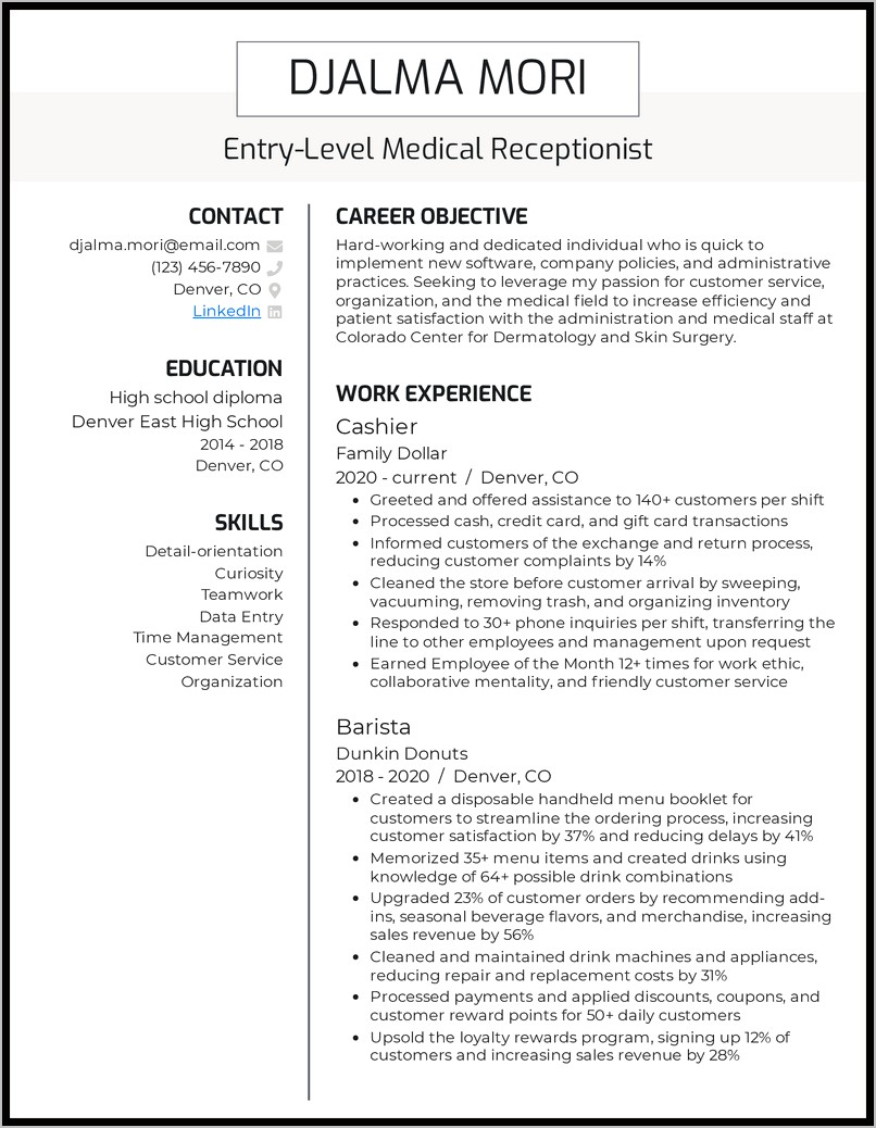 Medical Receptionist Objective For Resume