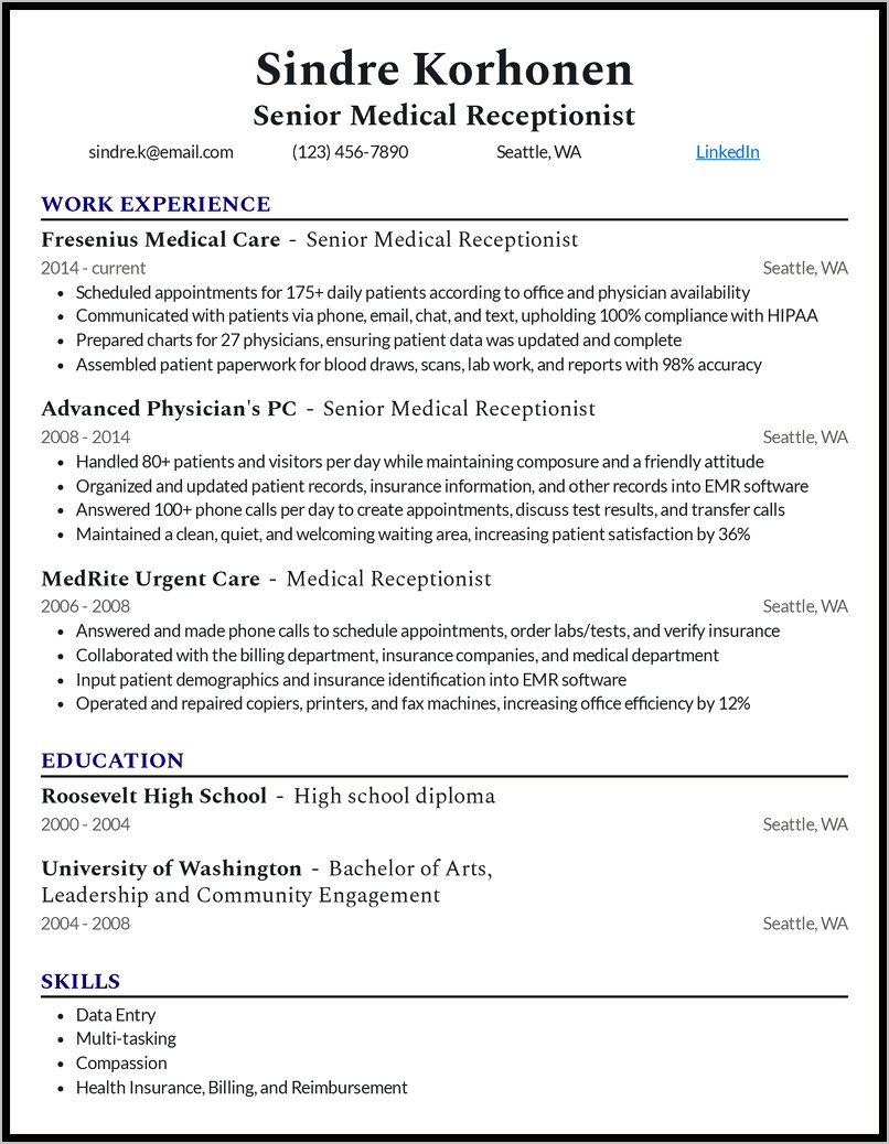 Medical Receptionist Resume Template Free