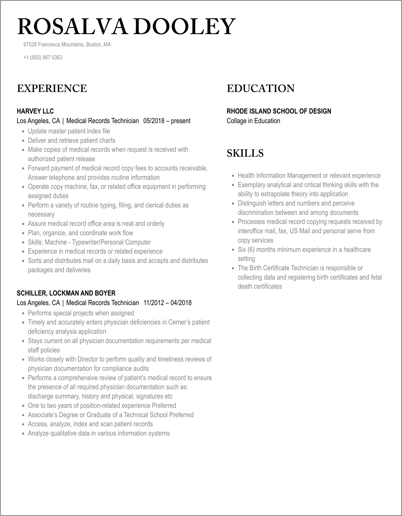 Medical Records Technician Resume Sample