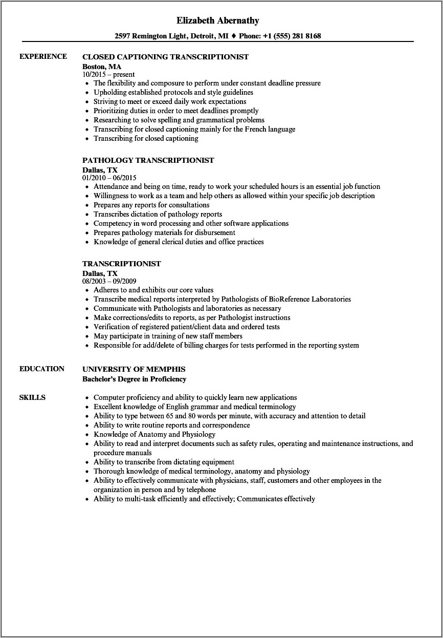 Medical Transcription Resume Objective Examples