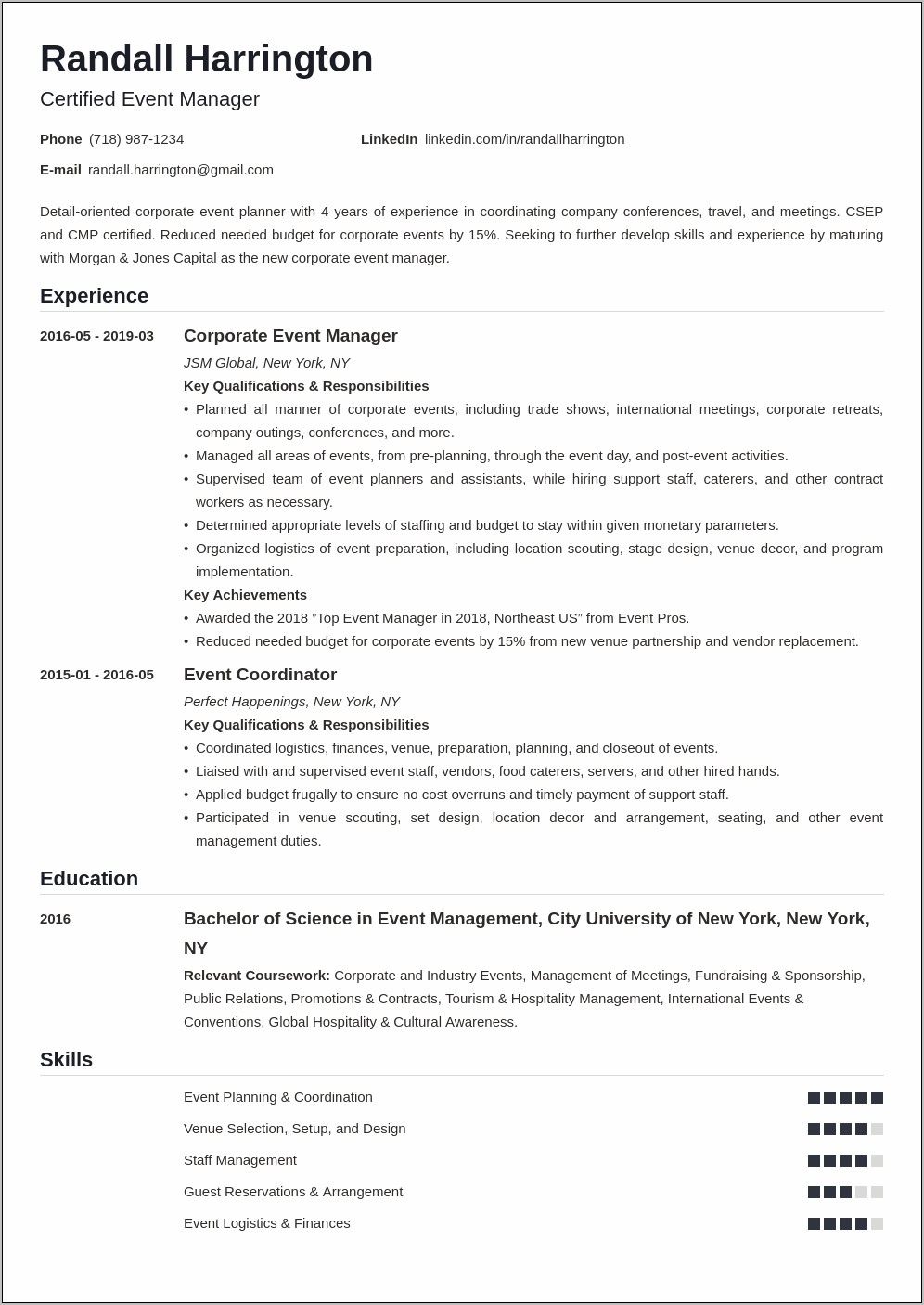 Meeting And Events Manager Resume