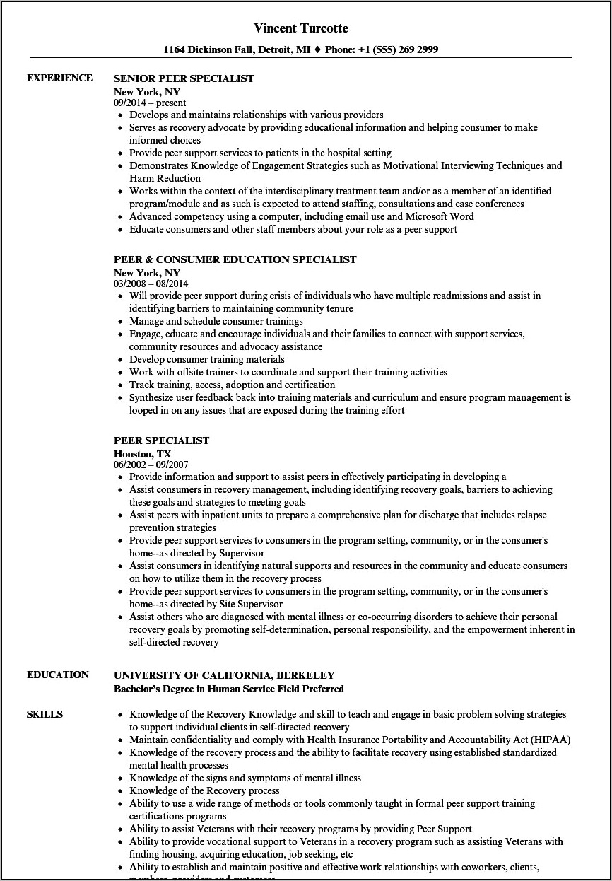 Mental Health Specialist Resume Sample