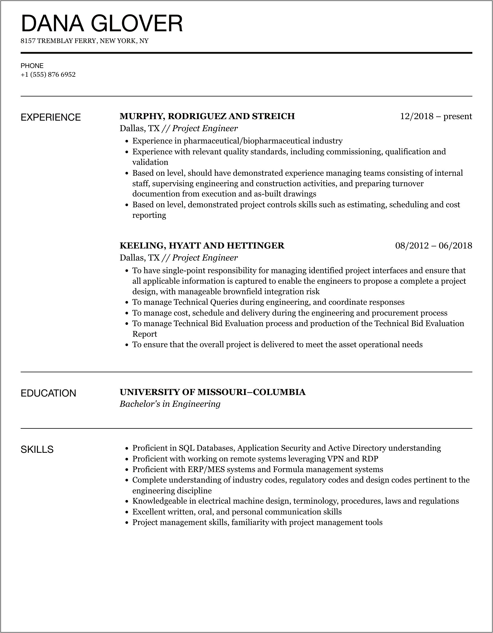 Mep Project Engineer Resume Sample