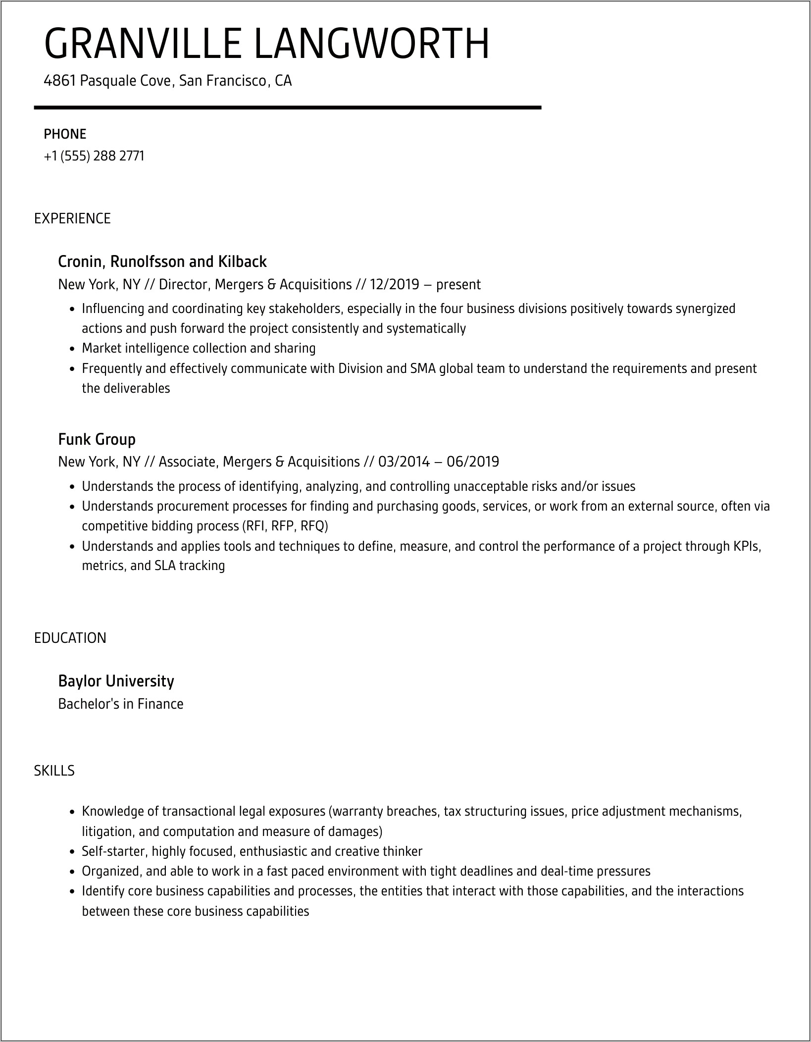 Mergers And Inquisitions Sample Resume