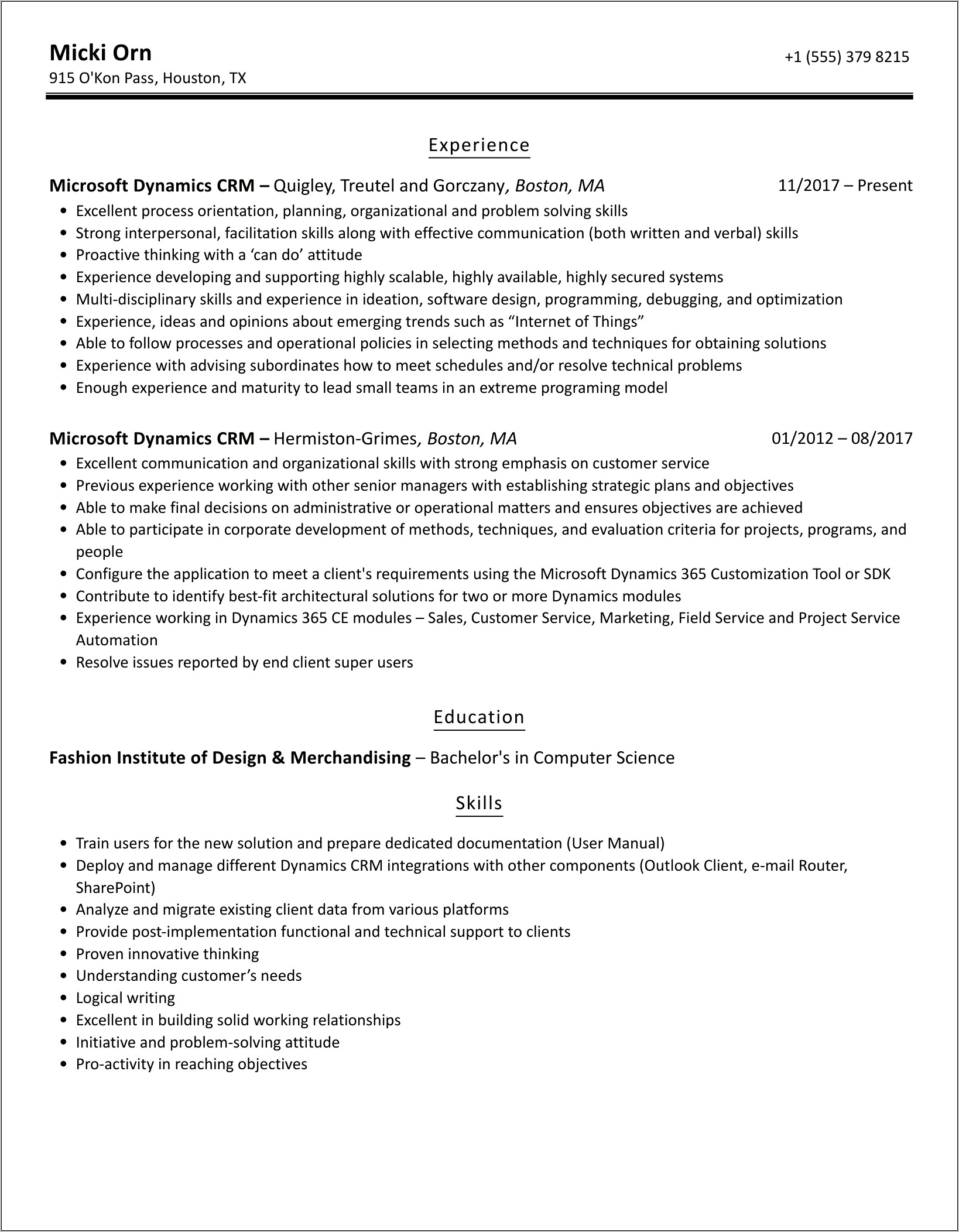 Microsoft Dynamics 365 Sample Resume