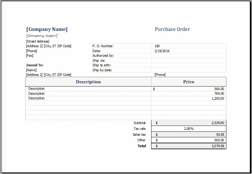 Microsoft Excel Purchase Order Template Download