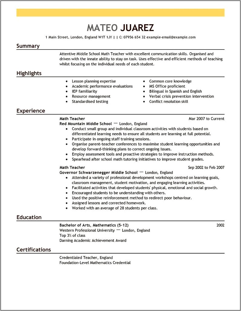 Middle School Teacher Resume Sample