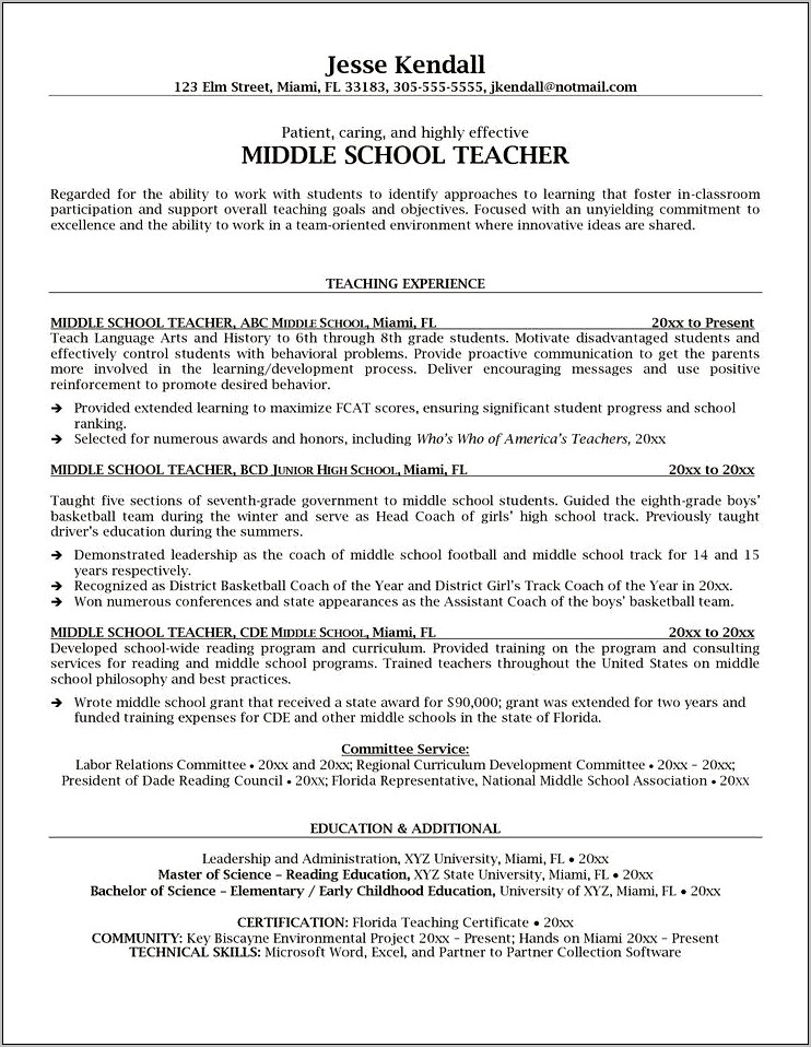 Middle School Teacher Resume Skills