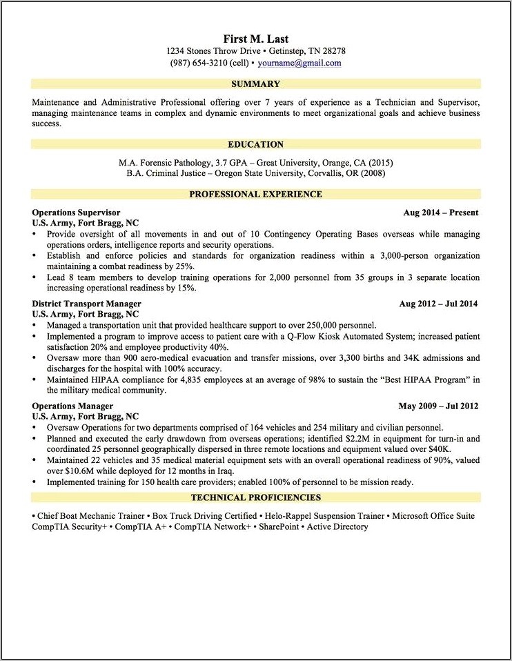 Military Administration Maintenance Resume Examples