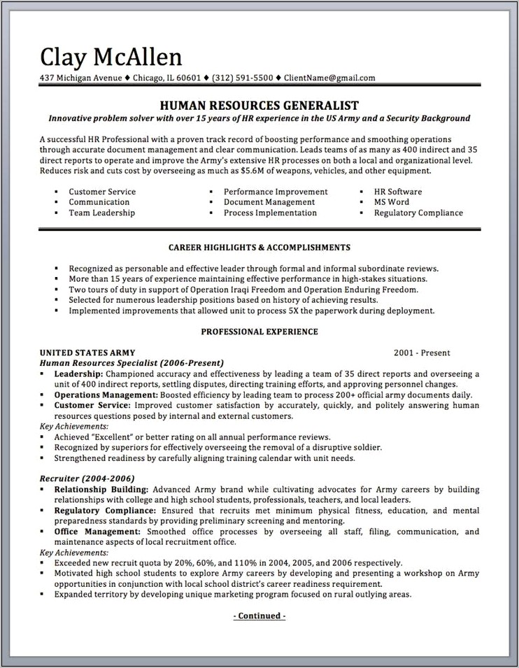 Military Management Qualifications For Resume