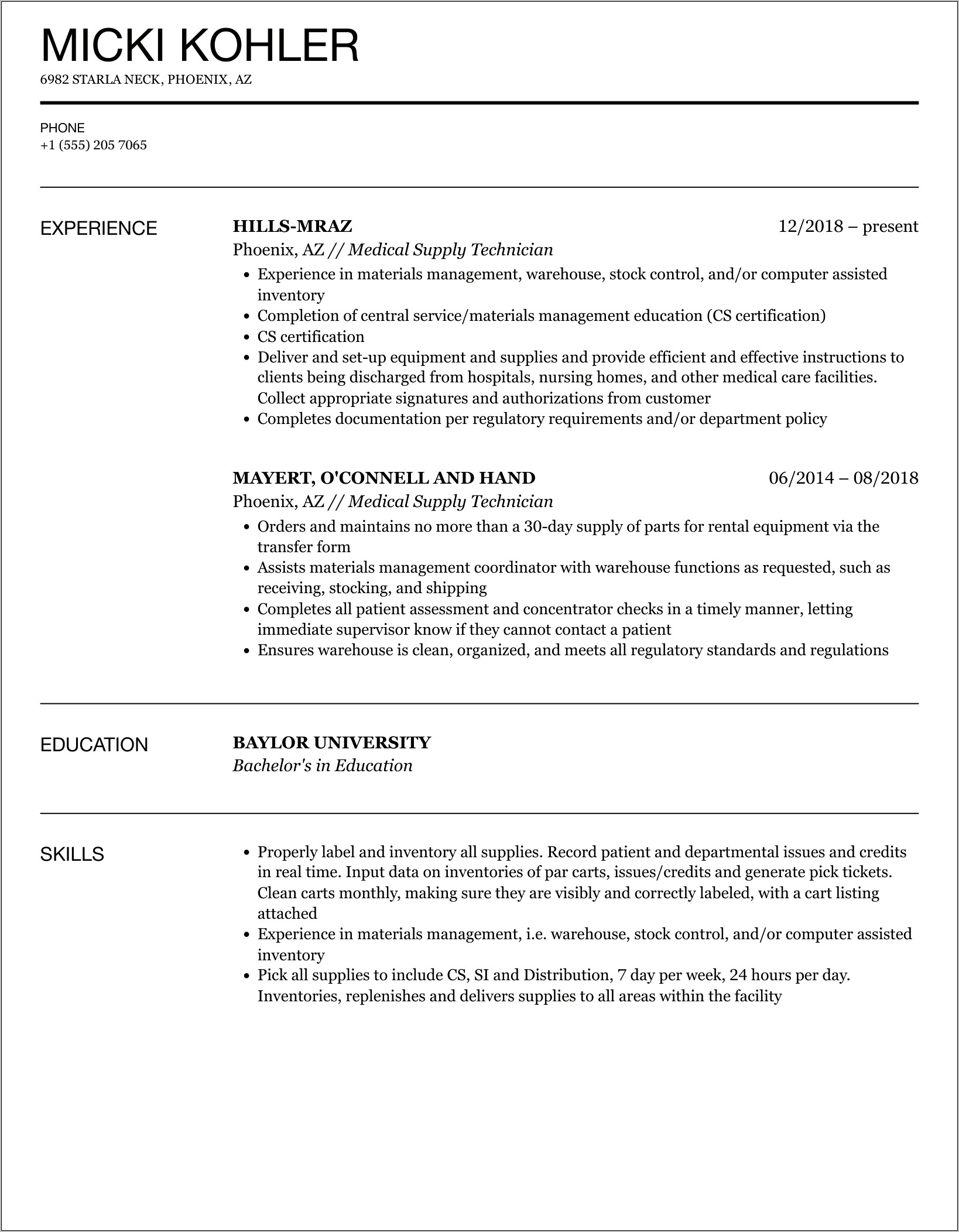 Military Supply Technician Resume Sample