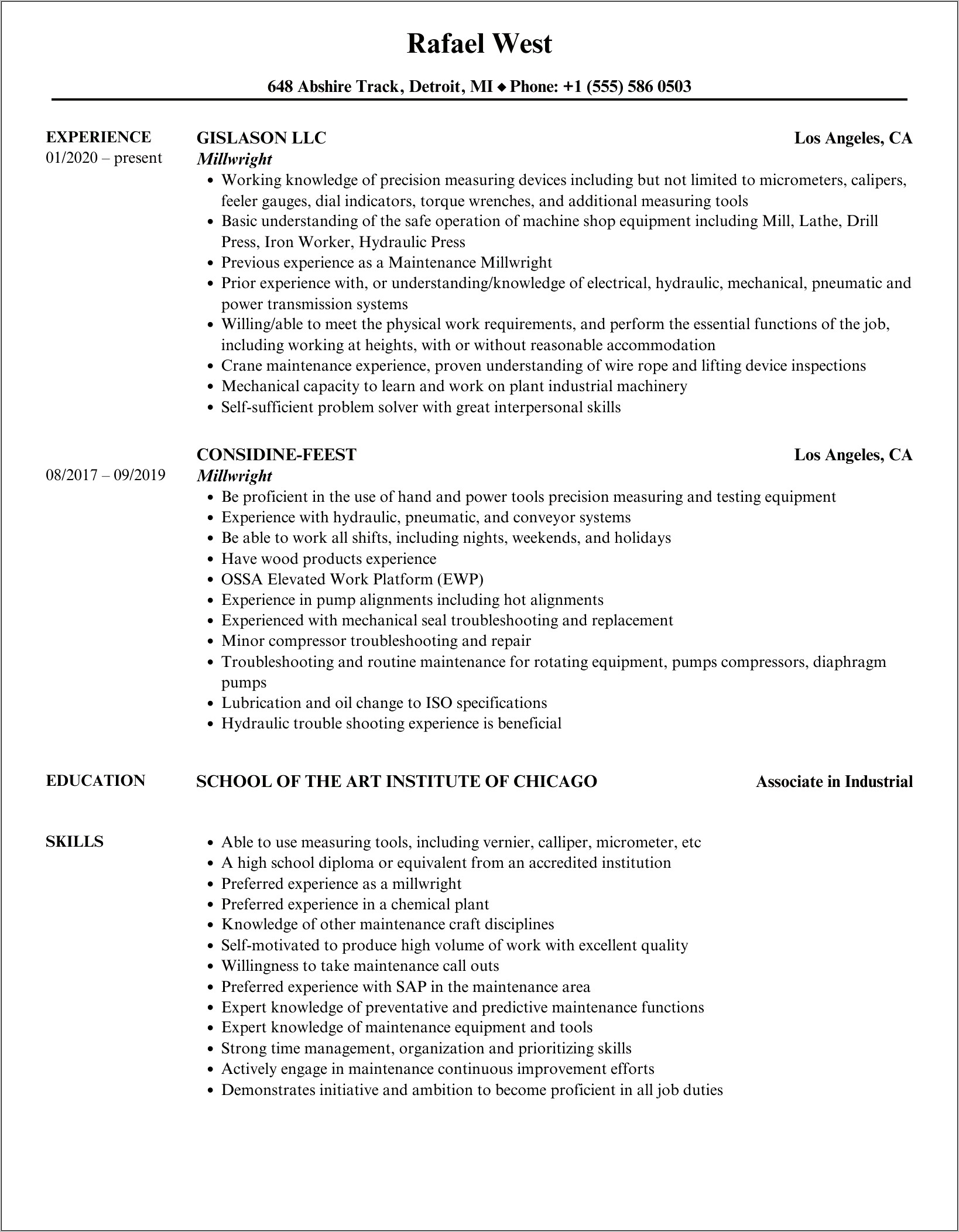 Millwright Job Description Resume Sample